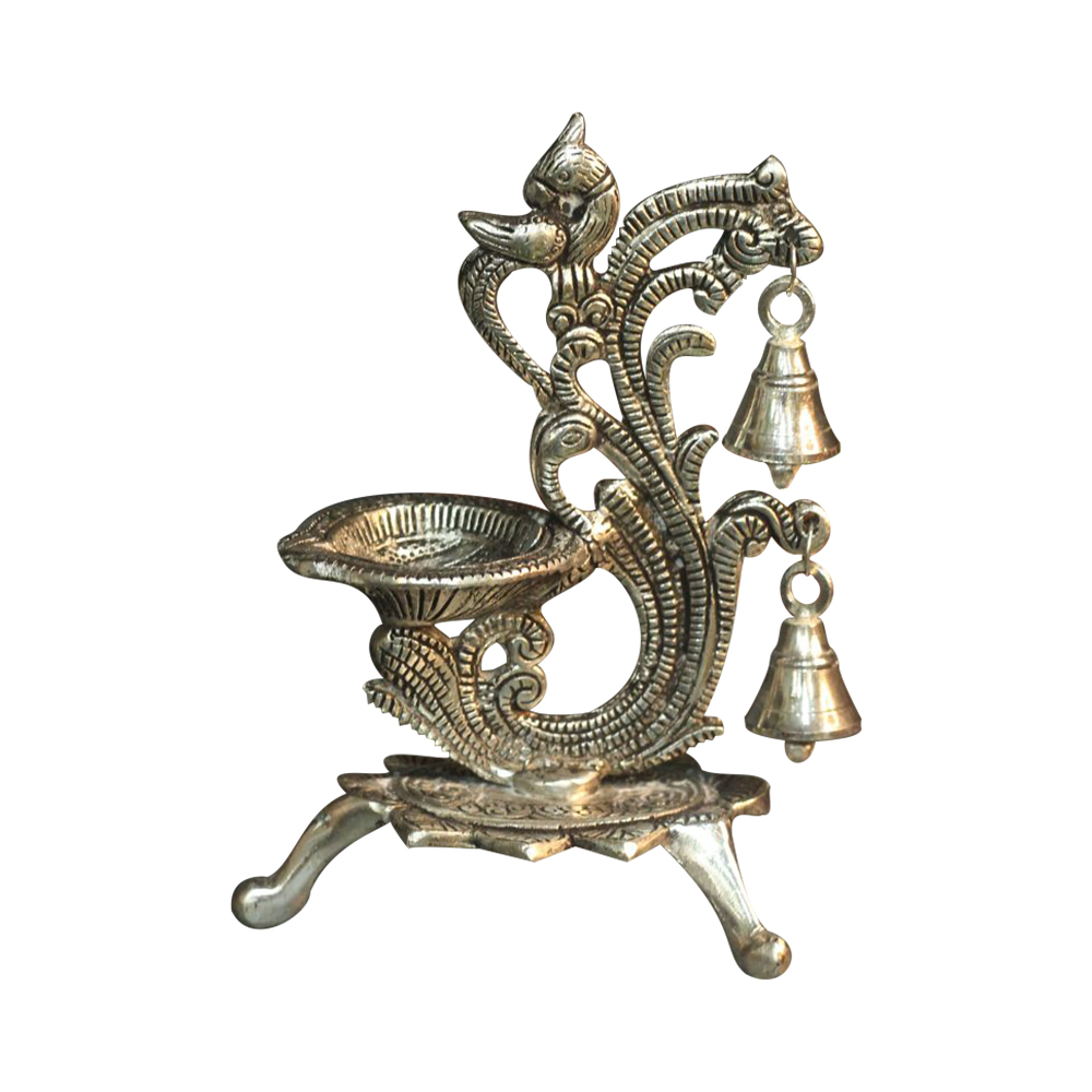 Silver Metal Diya Stand with Double Ganti   9x5.5 Inches, Decorative Home Decor Accent